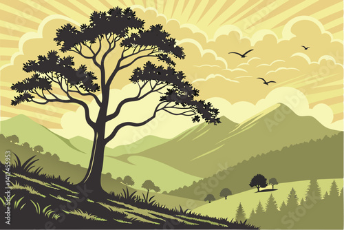6 Vibrant sunset, lush green trees, winding path, radiant orange sky, sunburst effect, silhouetted birds flying, grassy meadow, wildflowers, serene landscape, digital art style, warm color palette, sy