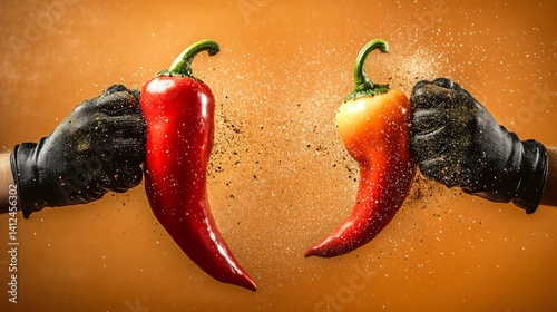 Animated chili peppers and juicy tomatoes with gloves in a playful face-off on white background made with Generative AI technology