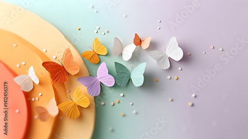 Colorful paper butterflies flying over pastel circles creating a whimsical and artistic atmosphere for decoration and design projects, showcasing creativity and imagination concept. Selective focus