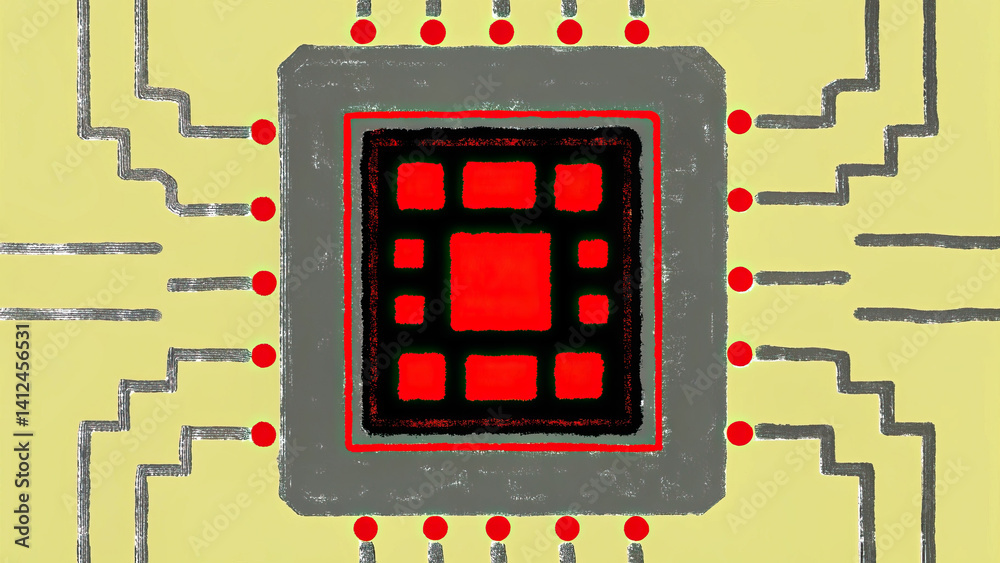 Digital blueprint overlay featuring central chip design with red accents and circuit lines. This artistic representation Digital blueprint overlay featuring central chip design with red accents and circuit lines. This artistic representation