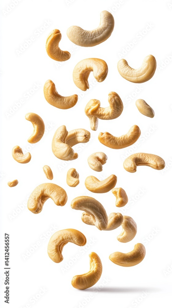 Cashew Nuts Falling in Motion on a White Background Cashew Nuts Falling in Motion on a White Background