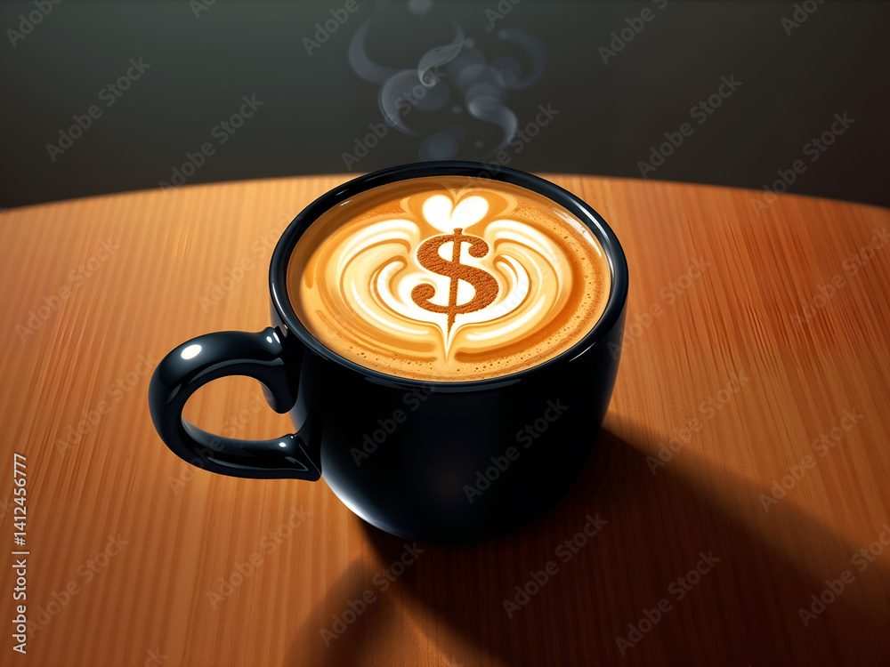 Hot coffee in black mug with dollar latte art, symbolizing finance and productivity. Generative AI