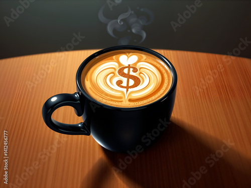 Obraz na płótnie Hot coffee in black mug with dollar latte art, symbolizing finance and productivity. Generative AI w salonie