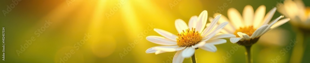 Obraz premium Radiant daisies, glistening dew, sunny yellow, sun, macro, design element