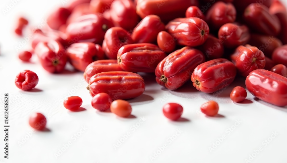 Pile of dried red dates scattered on white surface, autumn, seasonal Pile of dried red dates scattered on white surface, autumn, seasonal