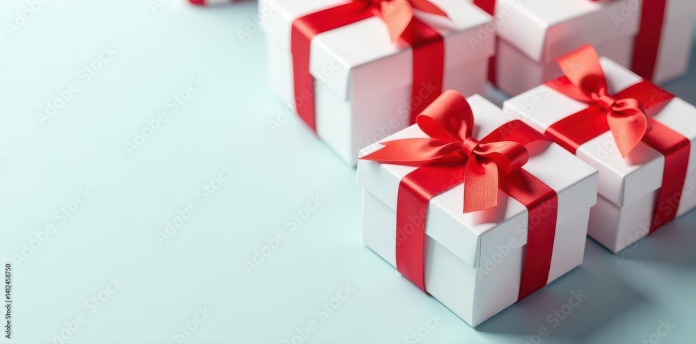 Several white gift boxes tied with vibrant red ribbons , background, texture Several white gift boxes tied with vibrant red ribbons , background, texture