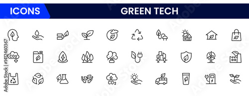 Green Tech & Sustainability vector icons for sustainability, solar, wind, clean power, green tech, net-zero, and eco solutions