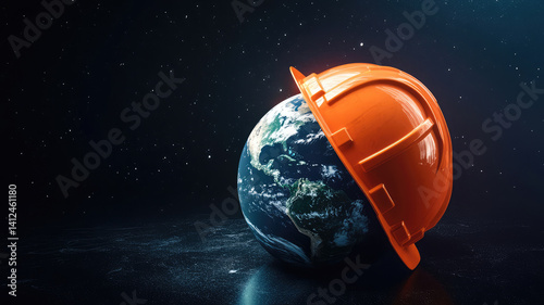symbol of safety and health at work: the planet earth and the helmet. a safety and health concept for the world day of safety and health at work.