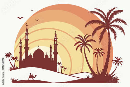 7 Sunset cityscape, Middle Eastern architecture, mosque silhouettes, palm trees, desert landscape, layered circular design, warm orange and yellow gradient, minimalist illustration, vector graphic sty