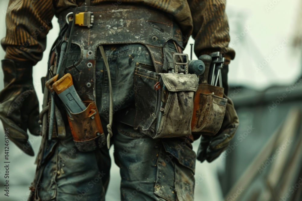 Close-up of a construction worker with a bag and tools kit worn on the waist Close-up of a construction worker with a bag and tools kit worn on the waist