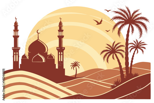 7 Sunset cityscape, Middle Eastern architecture, mosque silhouettes, palm trees, desert landscape, layered circular design, warm orange and yellow gradient, minimalist illustration, vector graphic sty