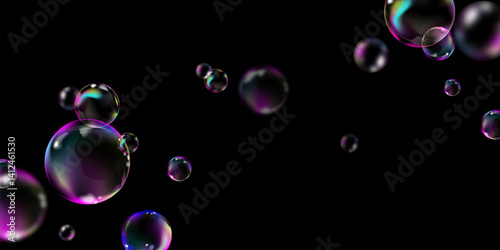 Realistic 3D soap bubbles with iridescent reflections floating on black background, ideal for abstract backgrounds, advertising, posters, party designs and digital art projects.Vector illustration