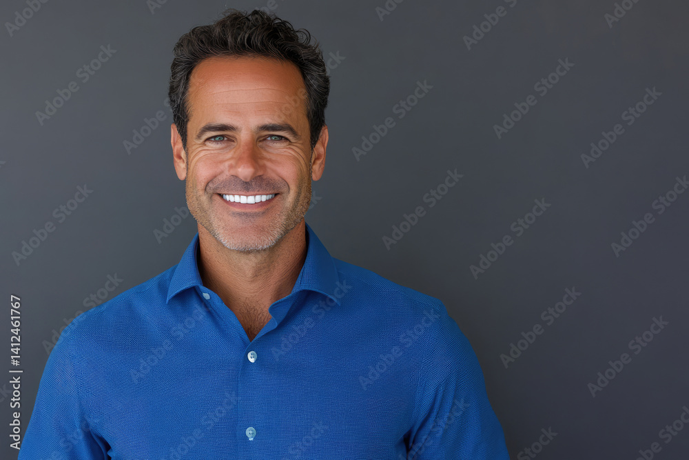 Obraz premium handsome smiling business man in blue shirt isolated on gray background