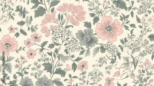 an elegant floral liberty pattern with intricate flowers in muted tones of blush pink and sage green, set against a soft cream background.