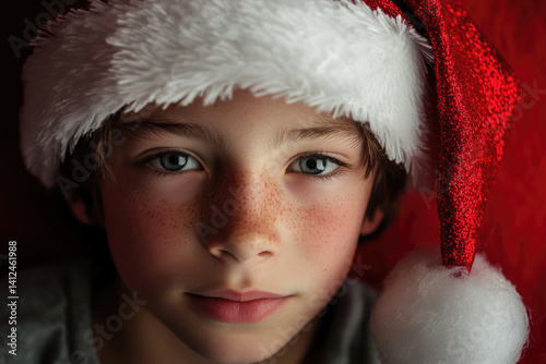 8 years old boy in santa claus cap photo