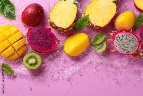Variety of tropical fruits including pineapple, mango, kiwi, and dragon fruit arranged in a colorful splash with tropical leaves and glittering water drops with copy space. Bright natural light. Summe