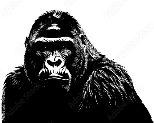 Vector isolated illustration of gorilla portrait silhouette. Black and white drawing of gorilla.