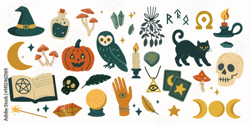 Collection of mystical Halloween and witchcraft elements in retro folk style with black cat crystals owl pumpkin tarot cards skull and moon icons, logo, stickers, print design,esoteric branding.Vector