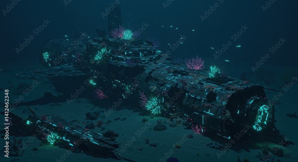 Fototapeta premium Futuristic Shipwreck with Glowing Fish and Geometric Coral