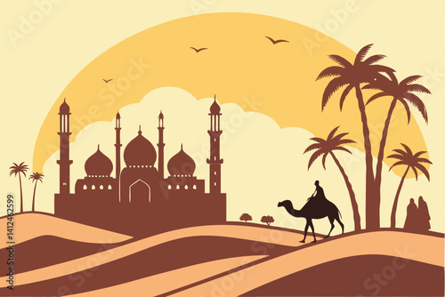 7 Sunset cityscape, Middle Eastern architecture, mosque silhouettes, palm trees, desert landscape, layered circular design, warm orange and yellow gradient, minimalist illustration, vector graphic sty