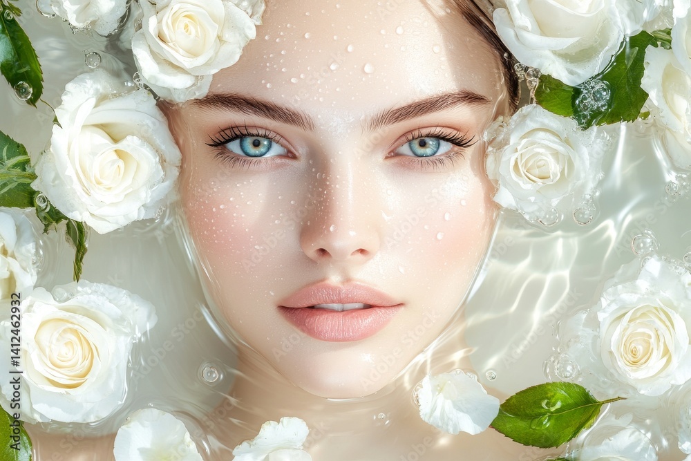 Naklejka premium A woman's face is shown in close proximity with a floral background, making it suitable for multiple purposes