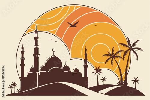 7 Sunset cityscape, Middle Eastern architecture, mosque silhouettes, palm trees, desert landscape, layered circular design, warm orange and yellow gradient, minimalist illustration, vector graphic sty