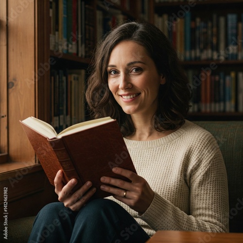 Frau liest entspannt in gemütlicher Bibliothek oder Lesezimmer bei natürlichem Licht, Bücherregal im Hintergrund 