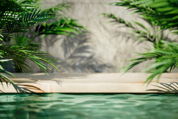 .Summer tropical background with luxury swimming pool edge and green palm leaves. Natural cosmetic, beauty, skincare, body care, health and spa product placement mockup. Nature aesthetic template 