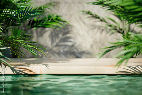 .Summer tropical background with luxury swimming pool edge and green palm leaves. Natural cosmetic, beauty, skincare, body care, health and spa product placement mockup. Nature aesthetic template 