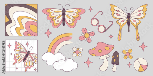 Groovy retro aesthetic stickers set - stylized psychedelic butterflies, mushrooms and flowers, rainbow and clouds. Funky 60s inspired decorative design elements in vintage colors for scrapbooking.