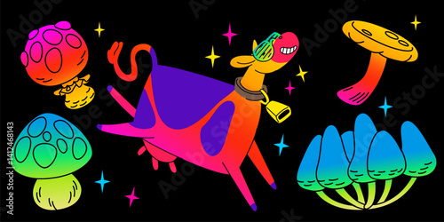 Psychedelic mushroom illustration - pink spotted toadstool, flying happy cow wearing sunglasses, green and orange shrooms. Neon gradient magical fungi sprout. Groovy hippie style hallucinogenic fungus