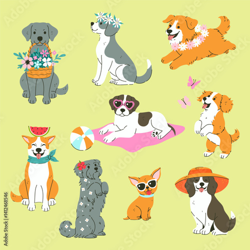 Set of different cute summer dogs. Vector graphics