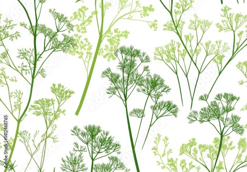 Delicate Green Botanical Pattern with Ferns and Foliage on White Background