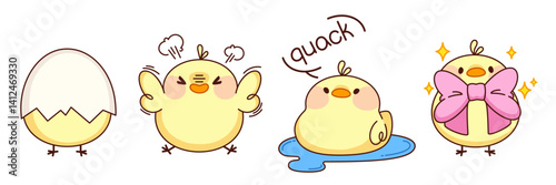 Cute chicken character in different poses - in cracked egg shell, angry crying, swimming in water puddle, with pink bow on chest as gift for holiday. Kawaii little yellow chick for Easter design.