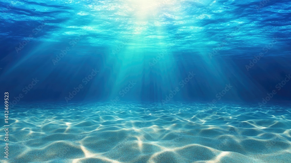 Fototapeta premium Underwater ocean sandy bottom and sunrays vector. Peaceful ocean, lagoon or lake pure water with sand seabed