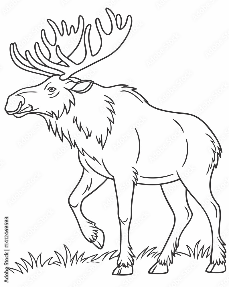 Obraz premium Moose Coloring Page, Majestic Forest Animal with Large Antlers Standing on Grass