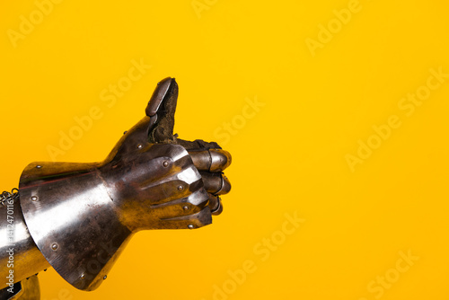 Iron gauntlet raised in a thumb-up gesture against a solid yellow background