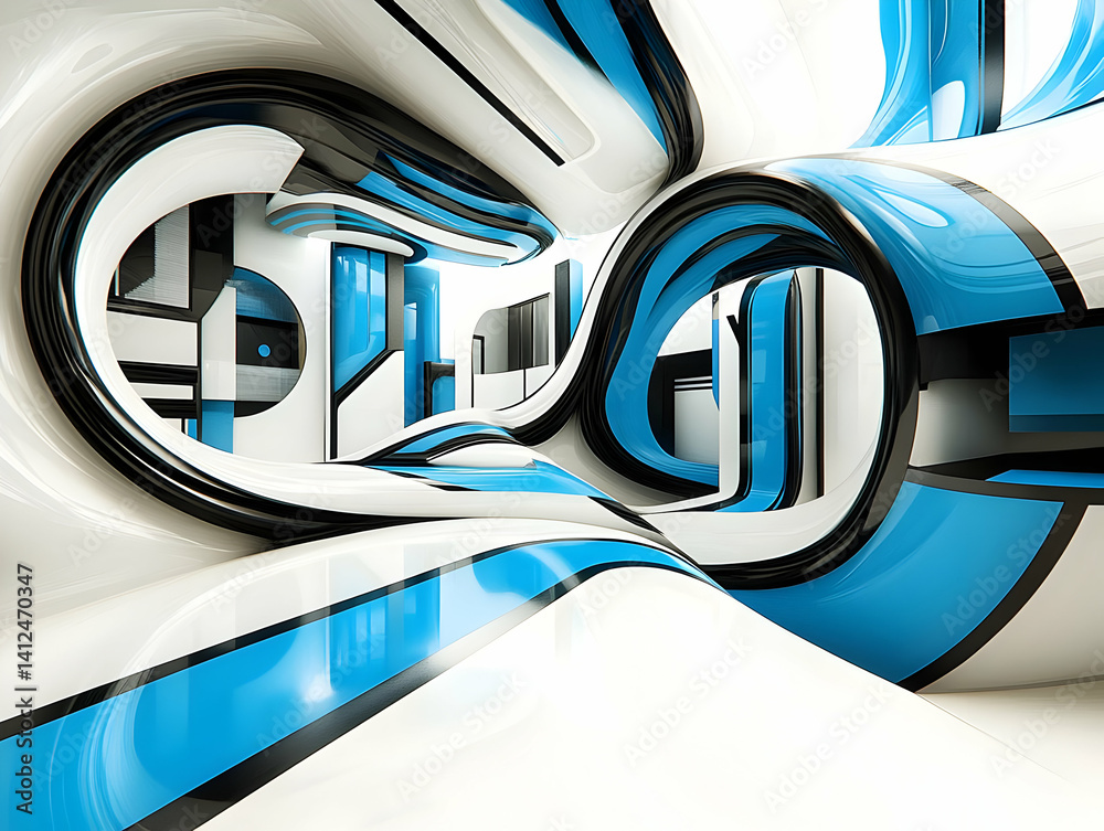 Abstract 3D Background: Blue, White, Black Curves