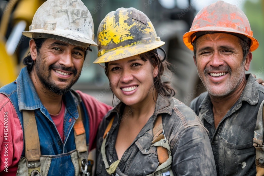 Construction Crew Portrait: Three smiling construction workers, a woman and two men, wearing hard hats and work uniforms, stand shoulder to shoulder, exuding confidence and teamwork Construction Crew Portrait: Three smiling construction workers, a woman and two men, wearing hard hats and work uniforms, stand shoulder to shoulder, exuding confidence and teamwork
