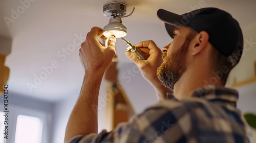 Electrician replacing a light fixture in a living room. Featuring expertise and precision
