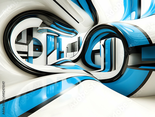 Obraz na płótnie Abstract 3D Background: Blue, White, Black Curves w salonie