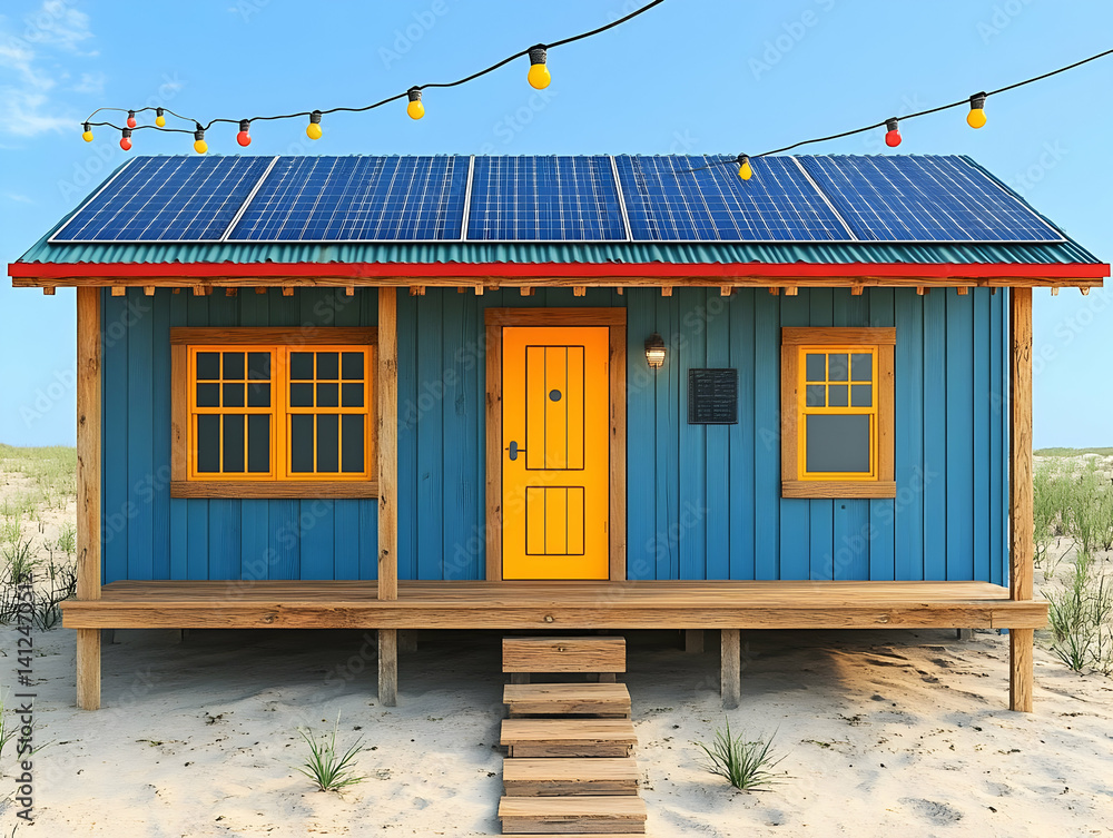 Beach House 3D Illustration Solar Panels