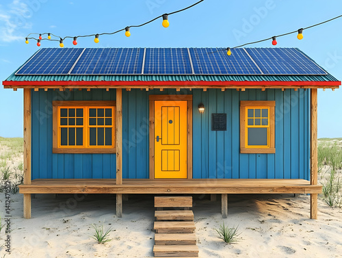 Obraz na płótnie Beach House 3D Illustration Solar Panels w salonie