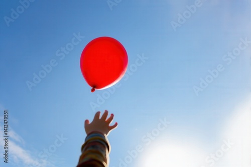 child reaching towards red balloon in blue sky, symbolizing freedom, childhood dreams, letting go, hope, or change. ideal image for concepts related to joy, aspiration, imagination photo