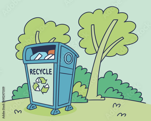 Recycling bin surrounded by trees and greenery  