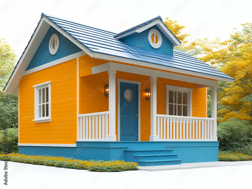 Cute Orange and Blue Cottage 3D Render