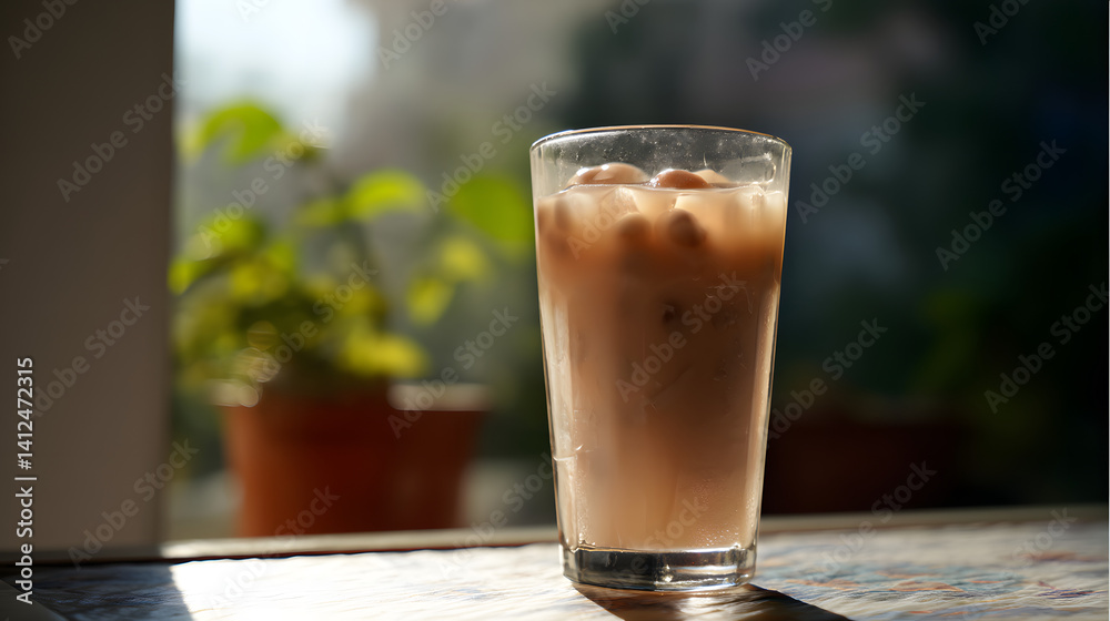 Refreshing Beverage with Chestnut and Water in Glass on Table with Natural Light Background Refreshing Beverage with Chestnut and Water in Glass on Table with Natural Light Background