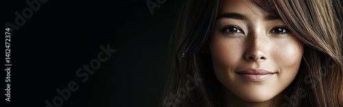 A crazy Asian girl's face is contorted into a scary expression with an evil smile, set against a black background banner, as she laughs devilishly