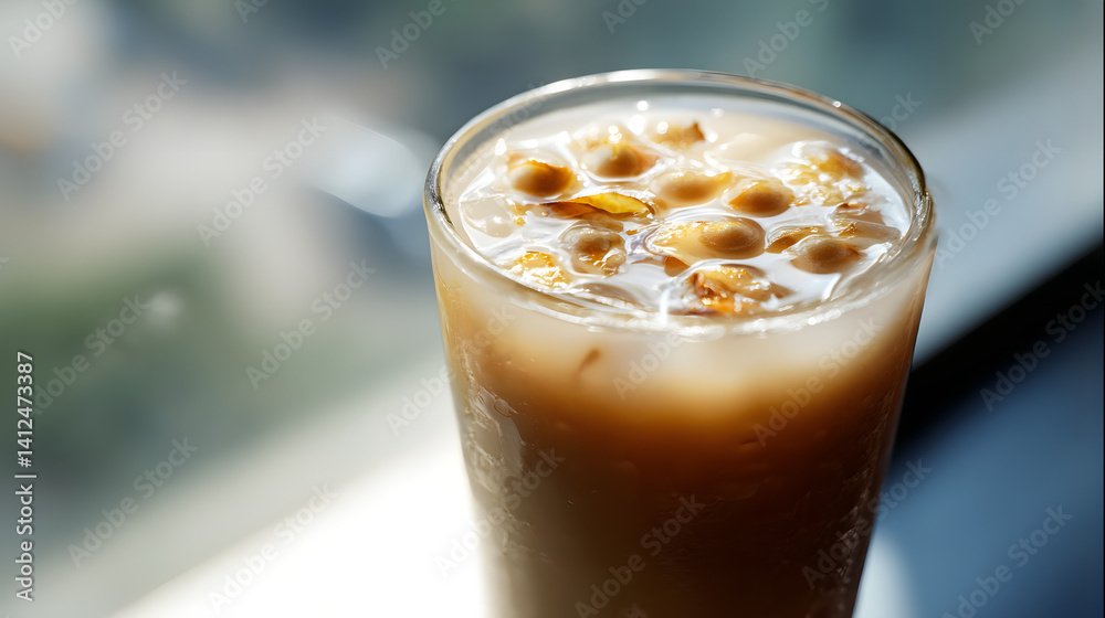 Refreshing Ice Beverage with Chestnut and Water in a Clear Glass on a Bright Background Refreshing Ice Beverage with Chestnut and Water in a Clear Glass on a Bright Background