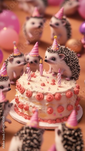 Hedgehog Birthday Party: Adorable hedgehogs, each wearing a party hat, gather around a birthday cake adorned with lit candles, creating a delightful scene of celebration. 